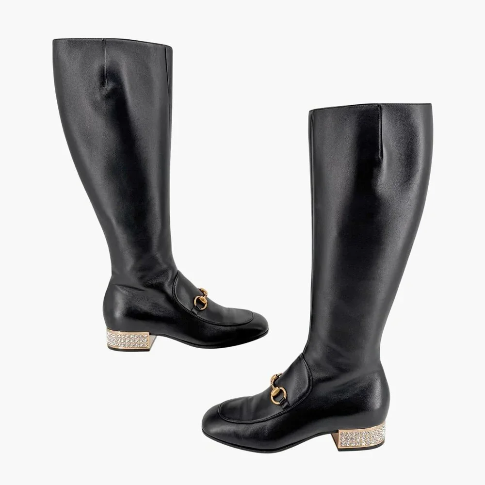 Gucci Mister Black Knee High Horsebit Crystal Heel Boots Size 37 US 7 Women's - Picture 9 of 15